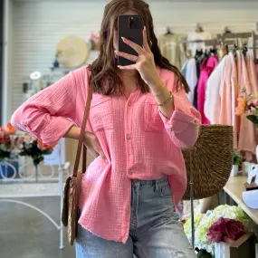 Lenny Linen Button Down Top Pink