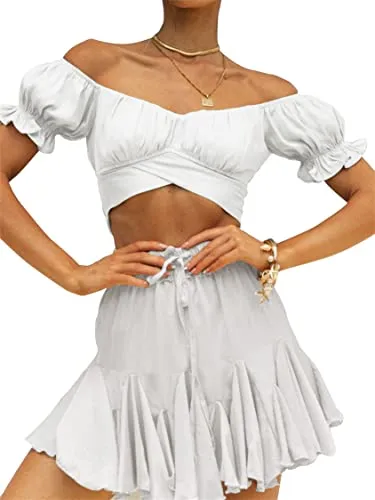 LYANER Women's Ruffle Short Sleeve Tie Up Back Crop Top Off Shoulder Bardot Blouse White Medium