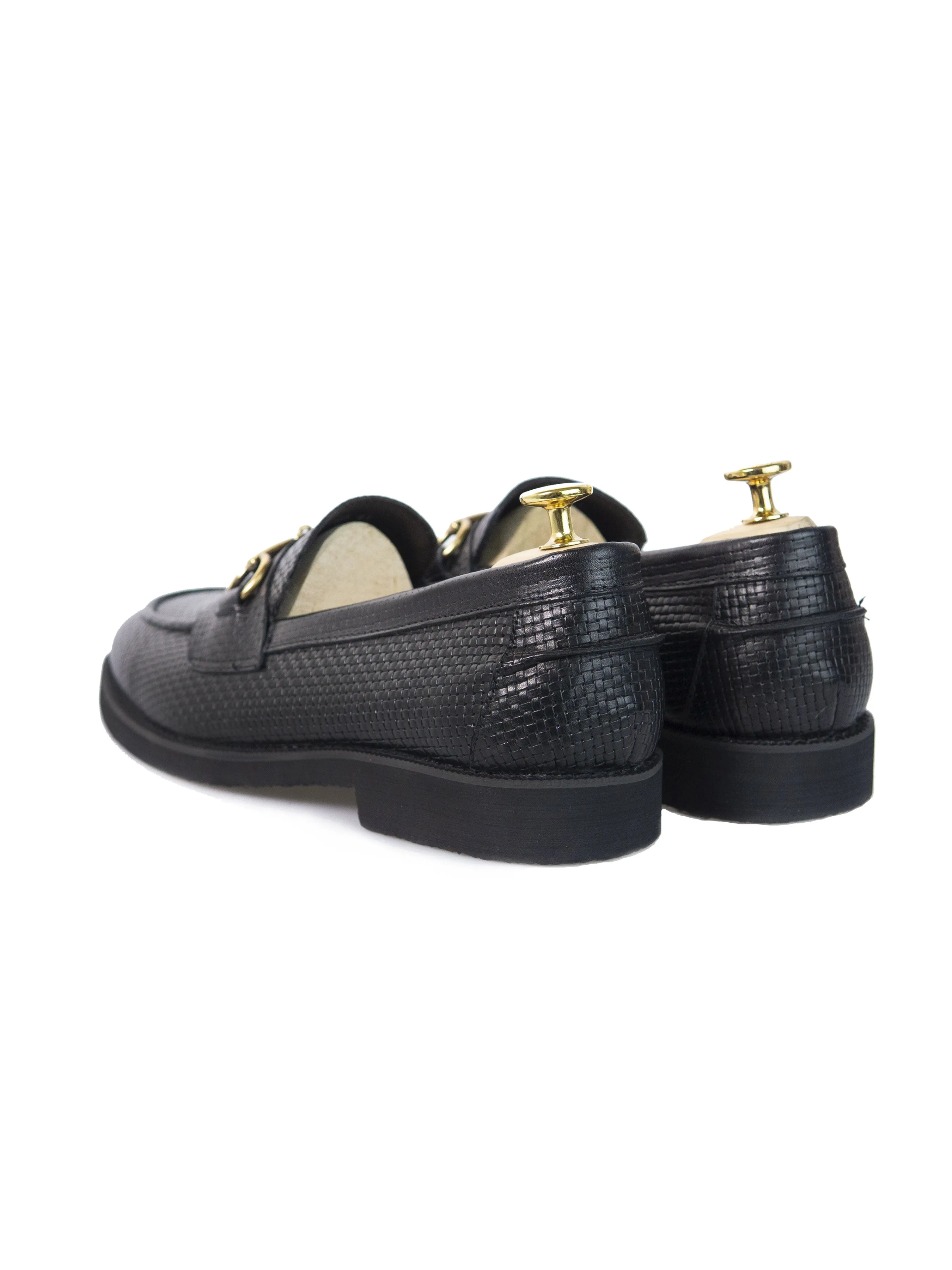 Penny Loafer Horsebit Buckle - Black Woven Leather (Crepe Sole)