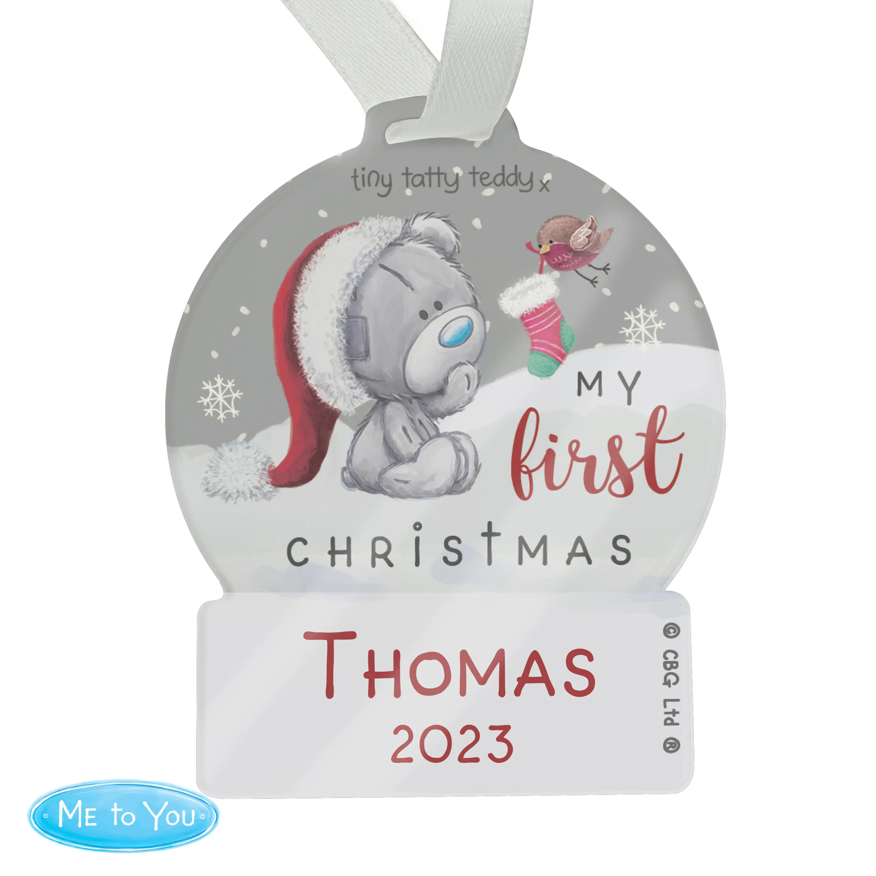 Personalised First Christmas Tiny Tatty Teddy Acrylic Snow Globe Decoration