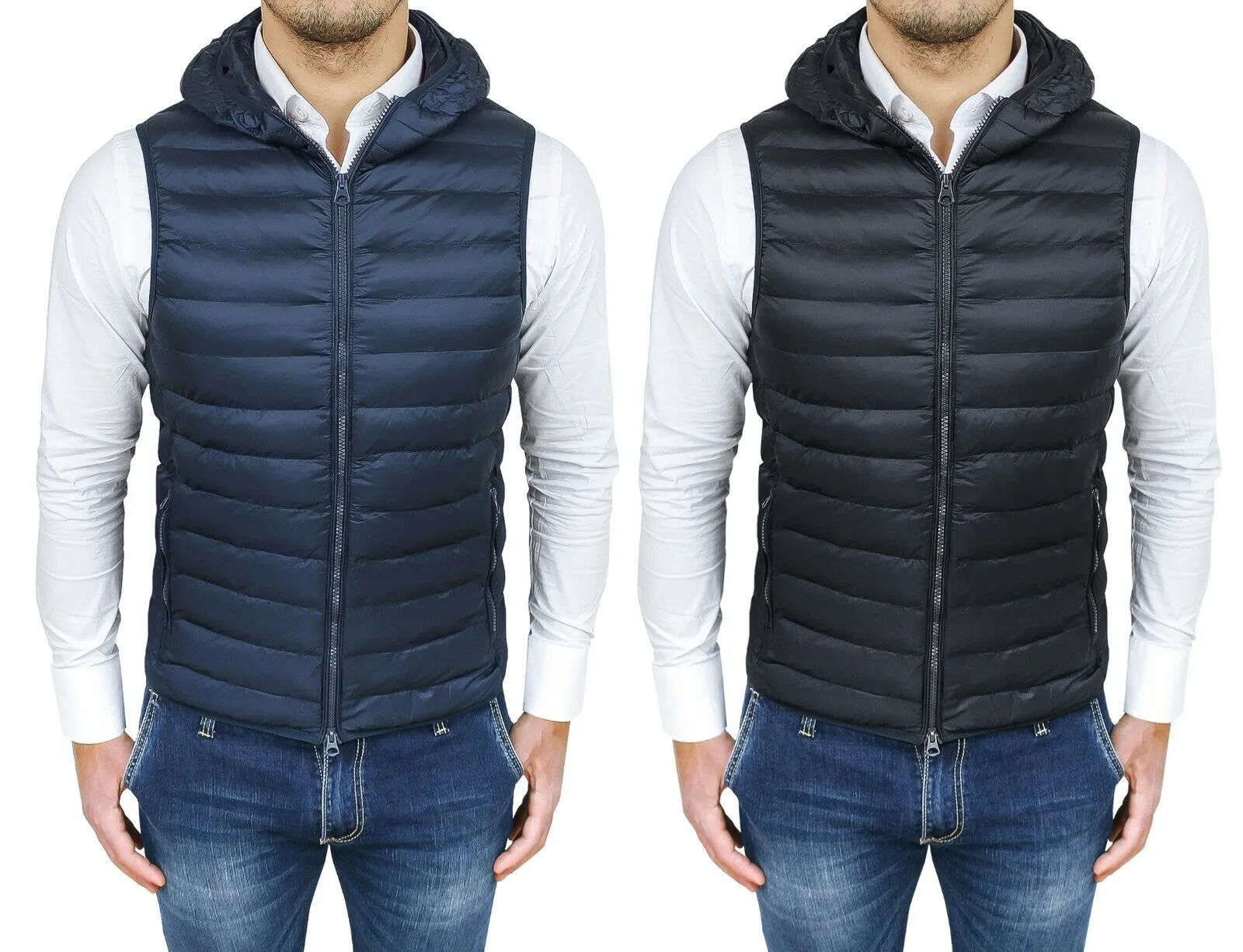 Piumino smanicato uomo slim fit blu nero gilet giubbotto bomber con cappuccio