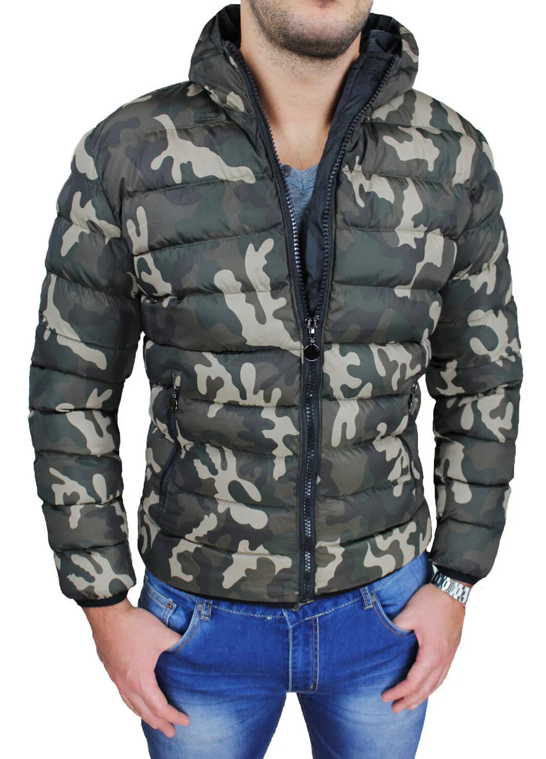 Piumino uomo Diamond invernale verde militare mimetico casual giaccone bomber