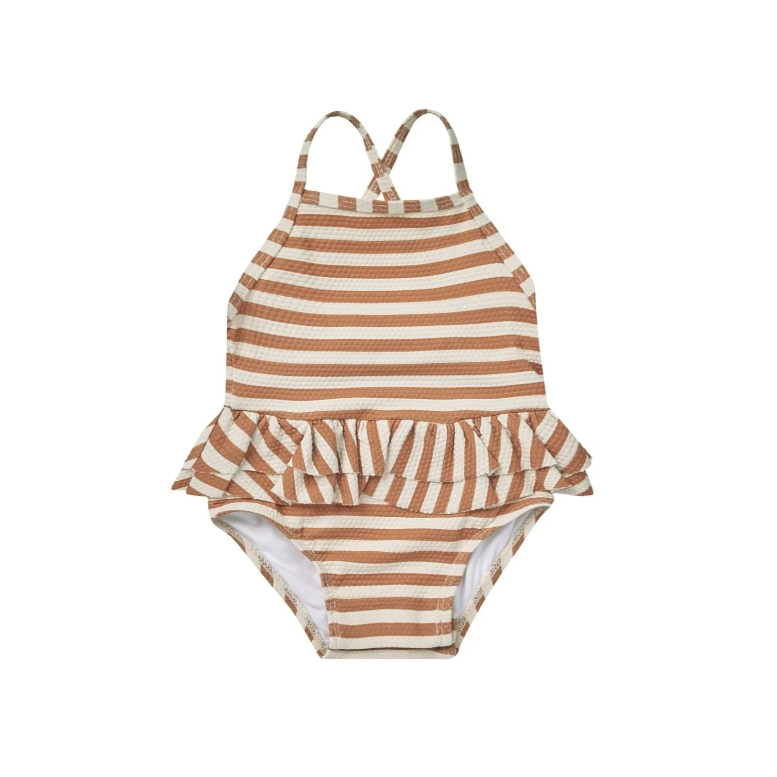 Quincy Mae Ruffled One-Piece Swimsuit - Clay Stripe