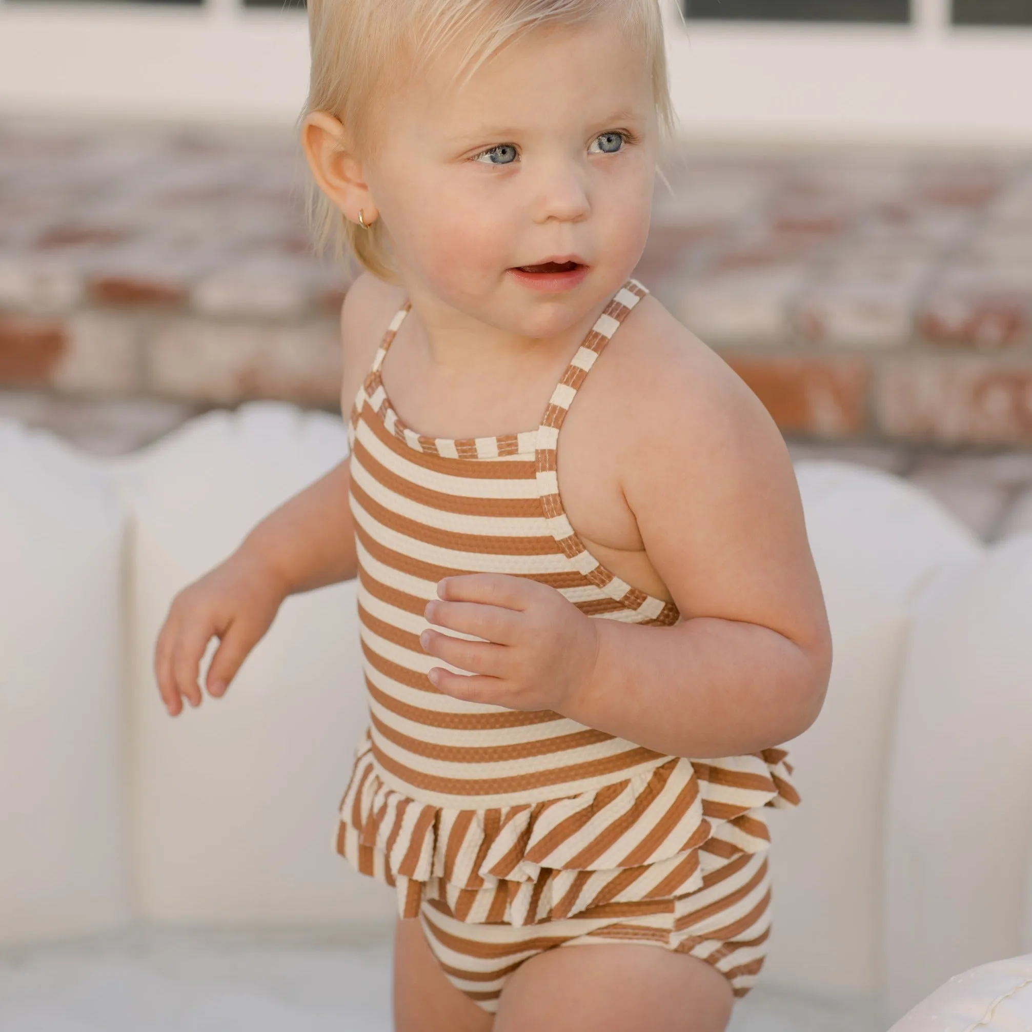 Quincy Mae Ruffled One-Piece Swimsuit - Clay Stripe