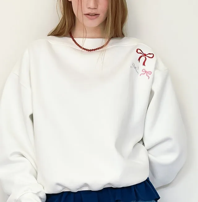 RONRON  |Blended Fabrics Boat Neck Long Sleeves Oversized Logo