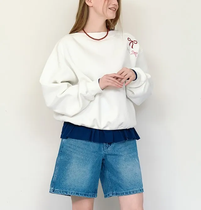 RONRON  |Blended Fabrics Boat Neck Long Sleeves Oversized Logo