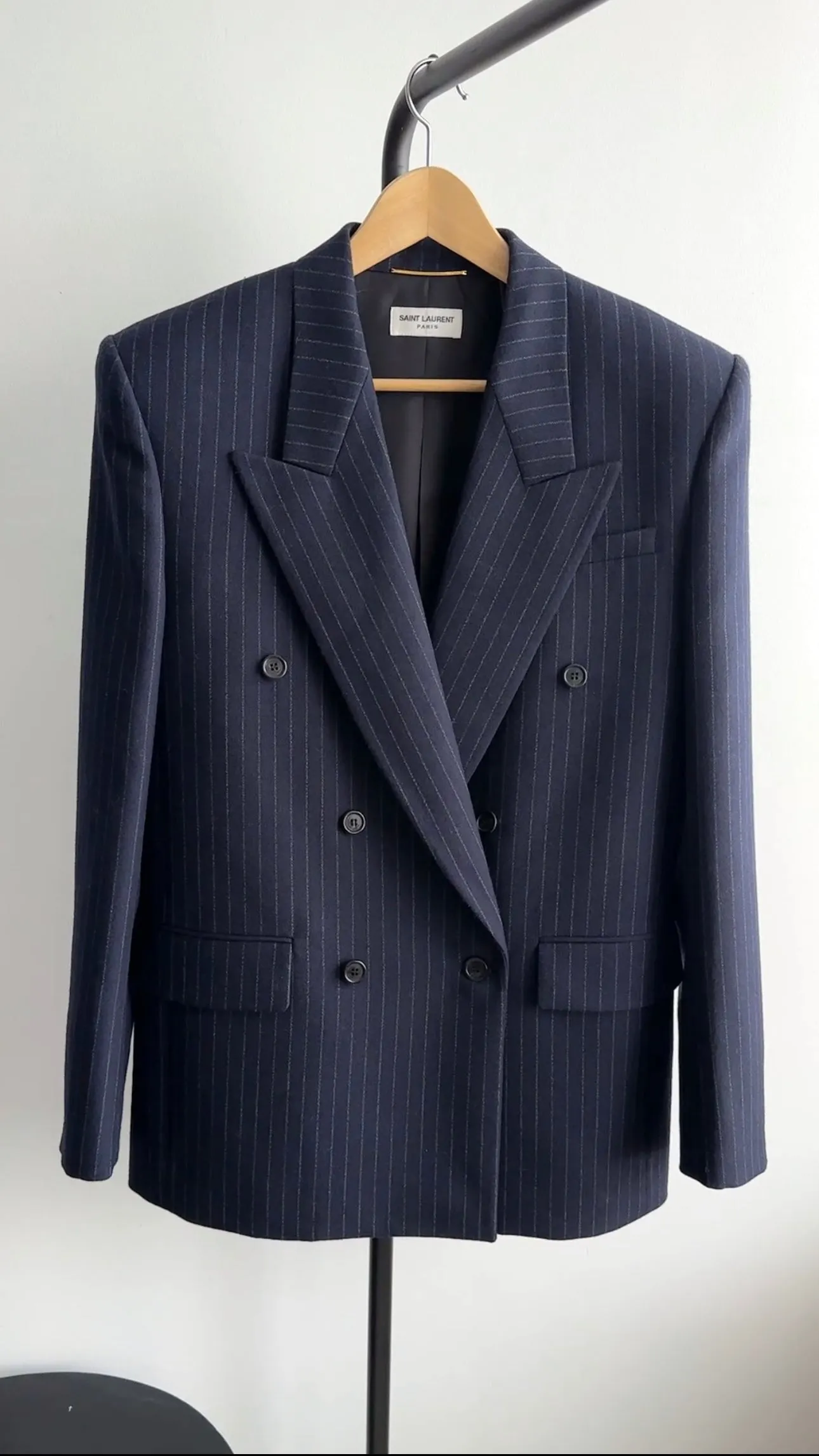 Saint Laurent AW2023 Navy Pinstripe Shoulder Pad Blazer - L / 10