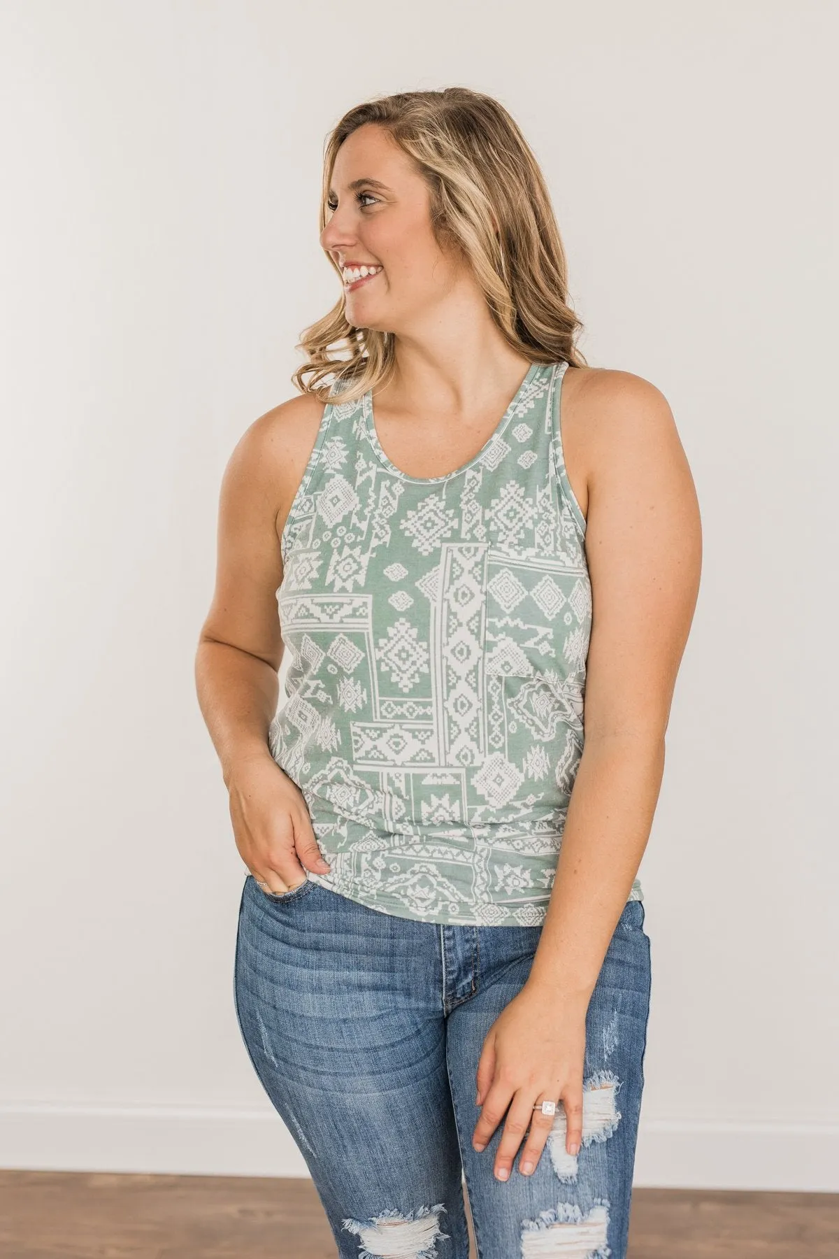 Simply Happy Geometric Print Tank Top- Dusty Teal