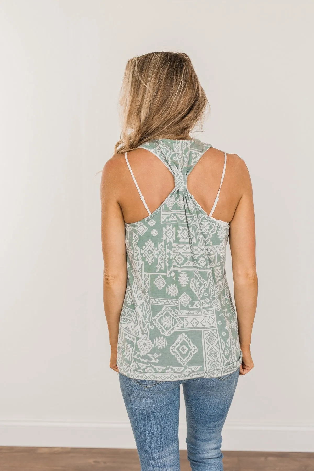 Simply Happy Geometric Print Tank Top- Dusty Teal