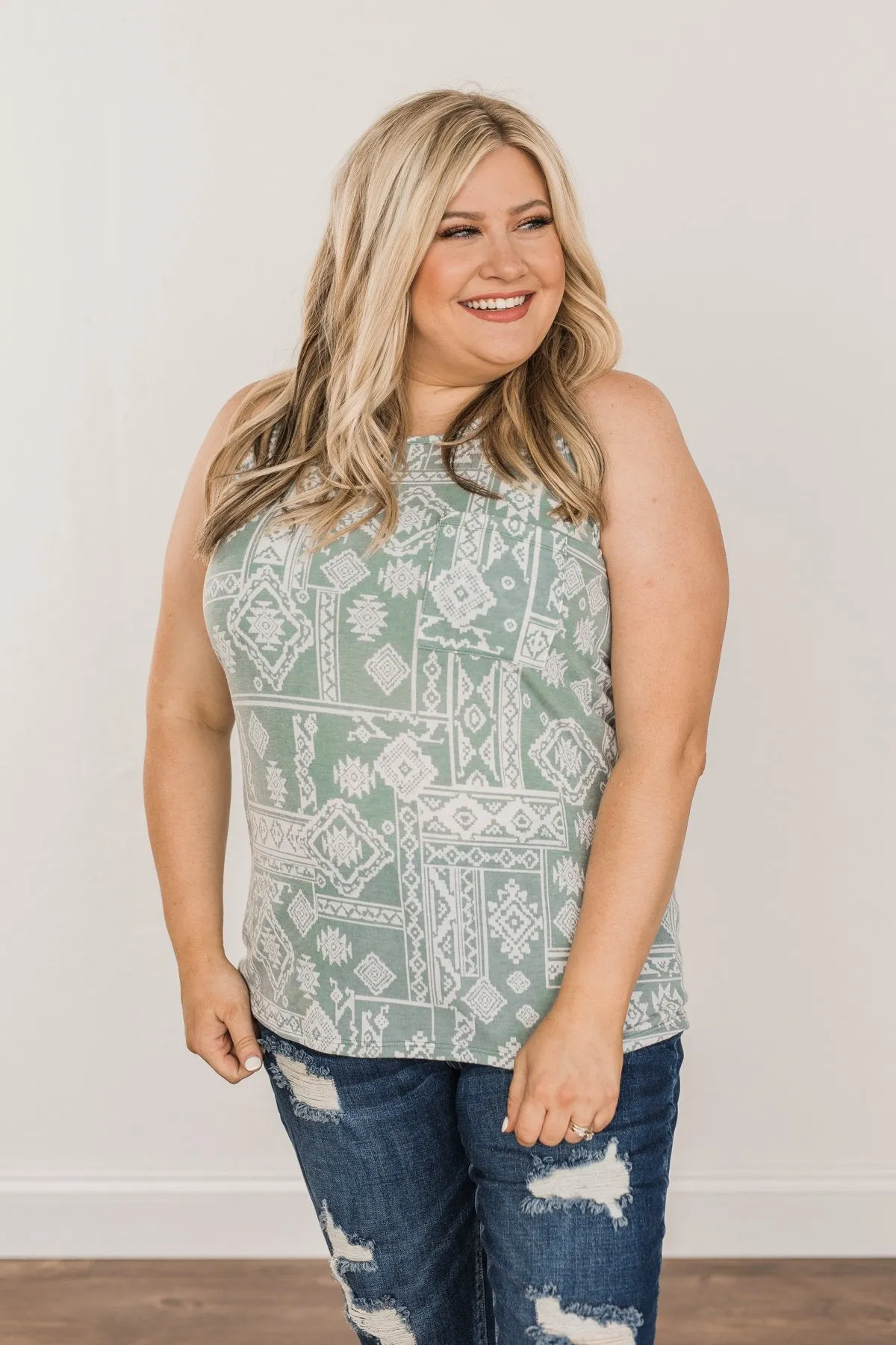 Simply Happy Geometric Print Tank Top- Dusty Teal