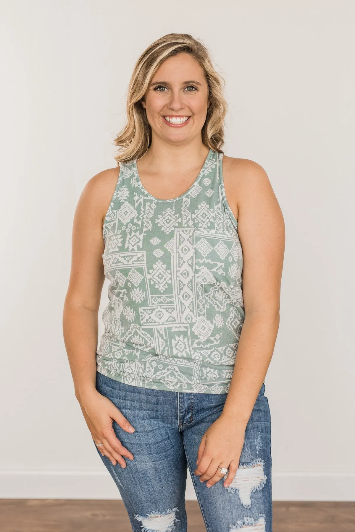 Simply Happy Geometric Print Tank Top- Dusty Teal