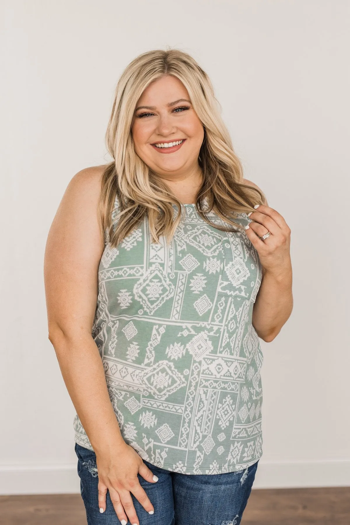 Simply Happy Geometric Print Tank Top- Dusty Teal