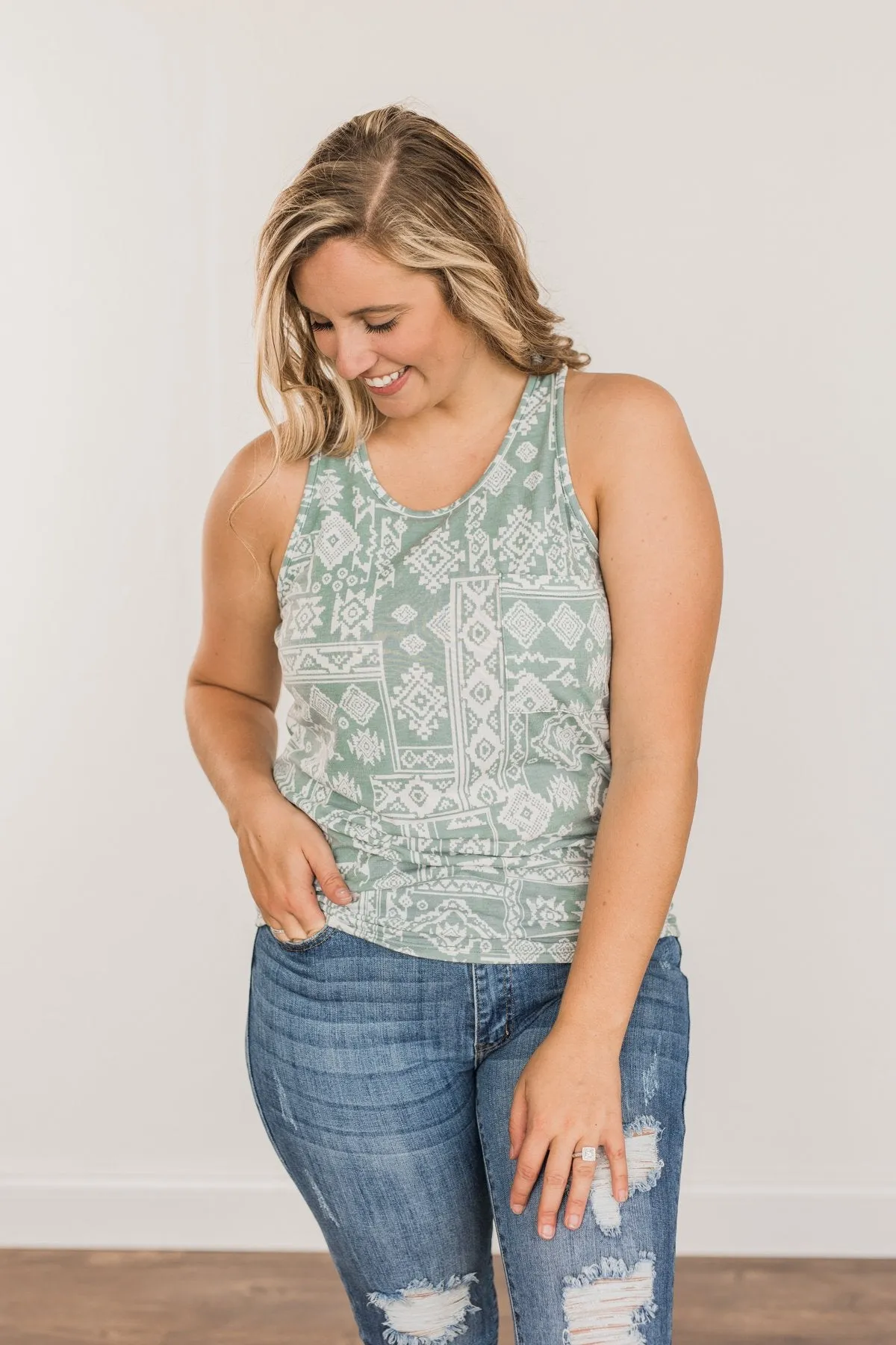 Simply Happy Geometric Print Tank Top- Dusty Teal