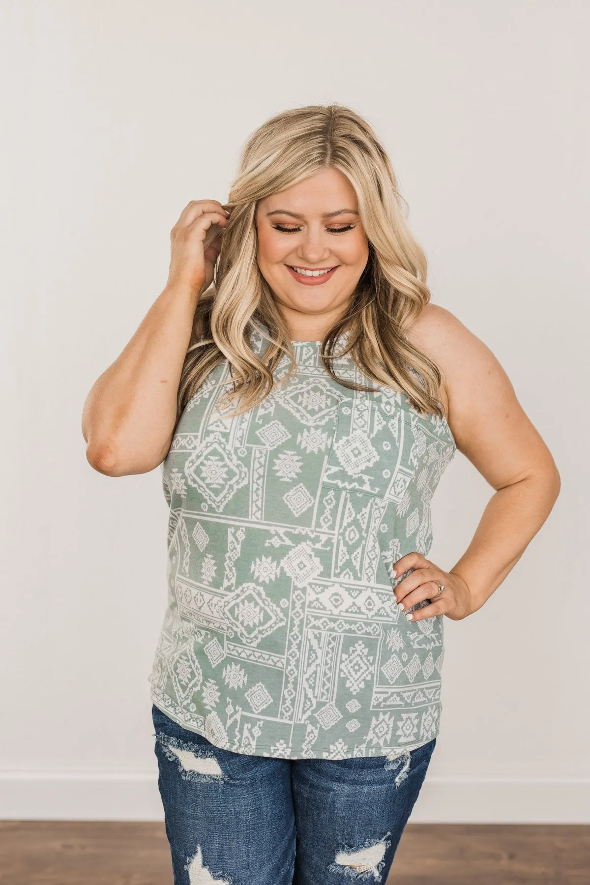 Simply Happy Geometric Print Tank Top- Dusty Teal