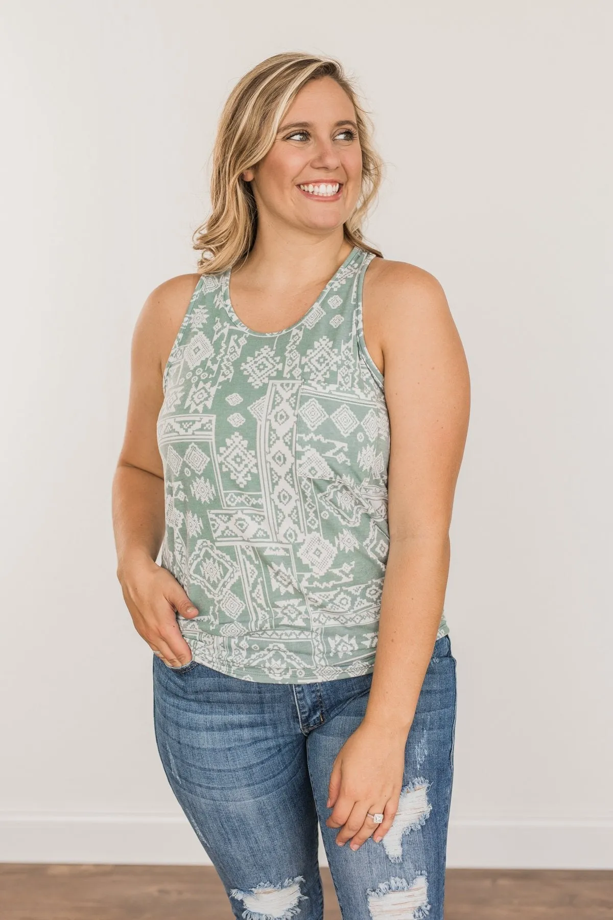 Simply Happy Geometric Print Tank Top- Dusty Teal