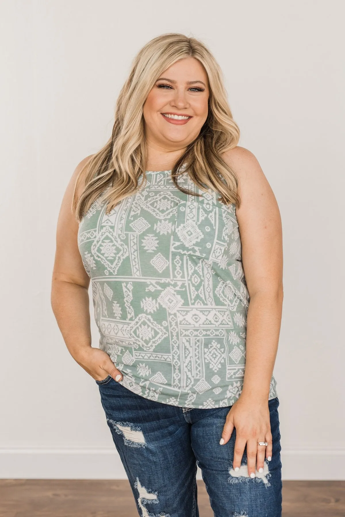 Simply Happy Geometric Print Tank Top- Dusty Teal