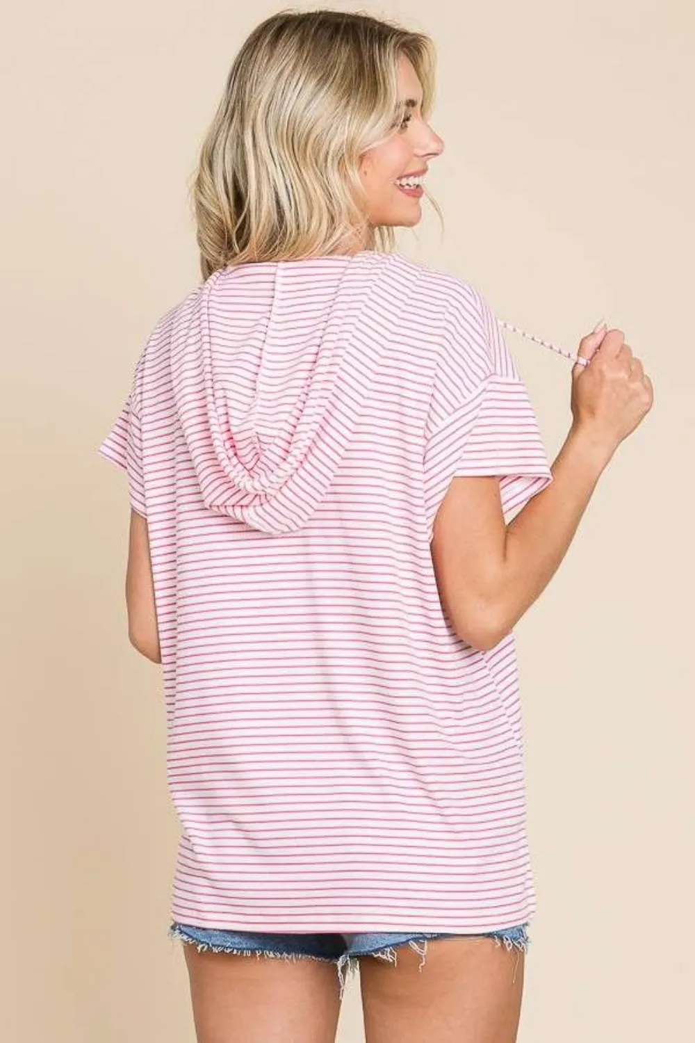 Striped Short Sleeve Hooded Top