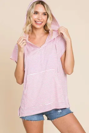 Striped Short Sleeve Hooded Top