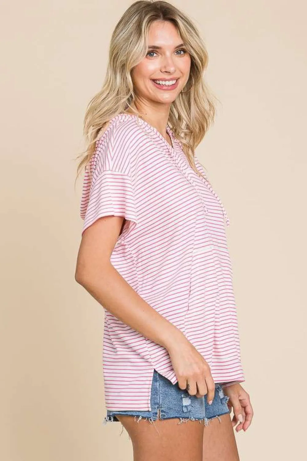 Striped Short Sleeve Hooded Top