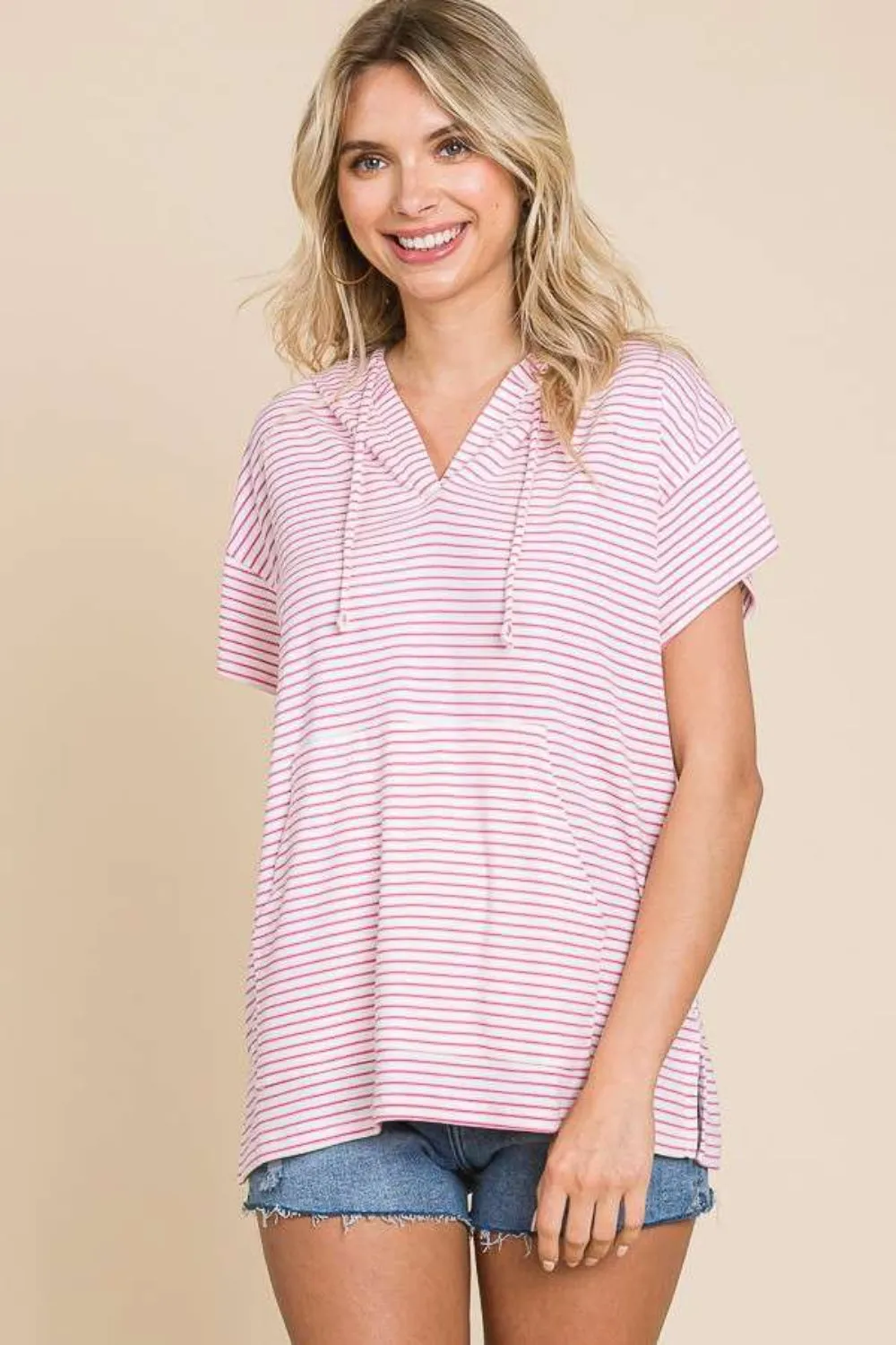 Striped Short Sleeve Hooded Top