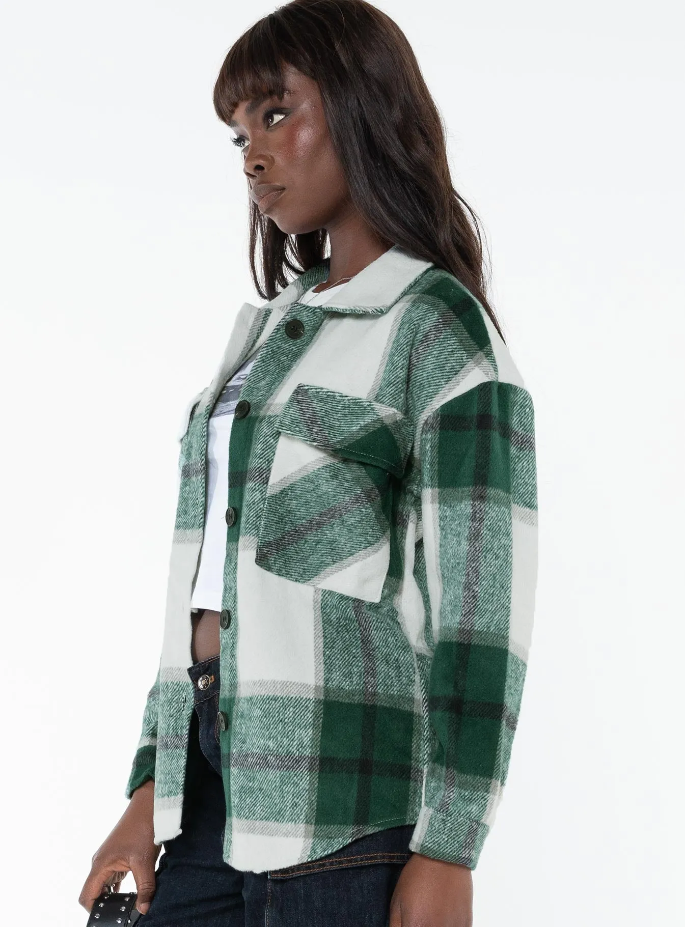 Tenelle Oversized Plaid Shacket Green / White