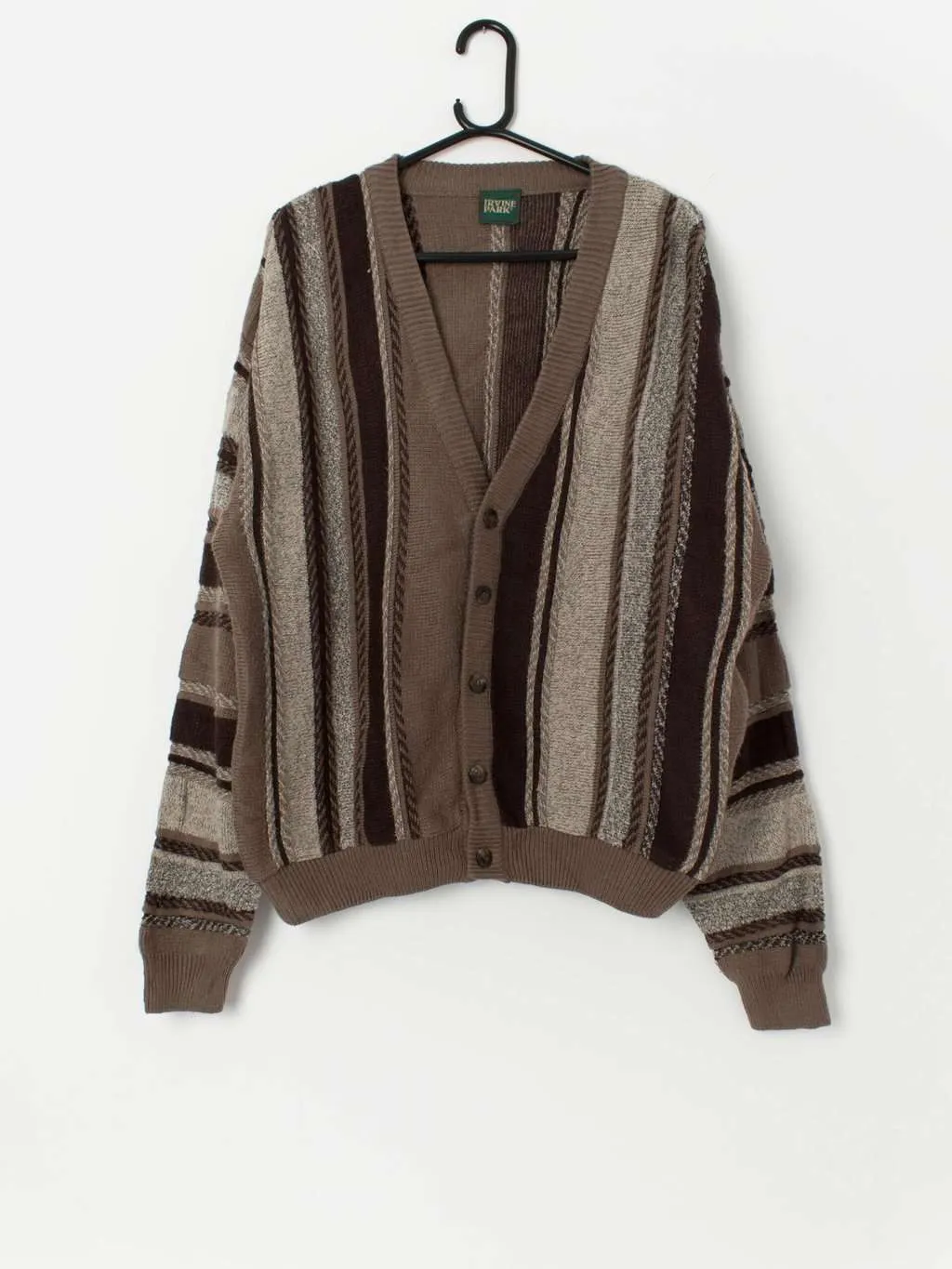 Vintage Grandad cardigan in brown with 3D knit pattern – Medium / Large