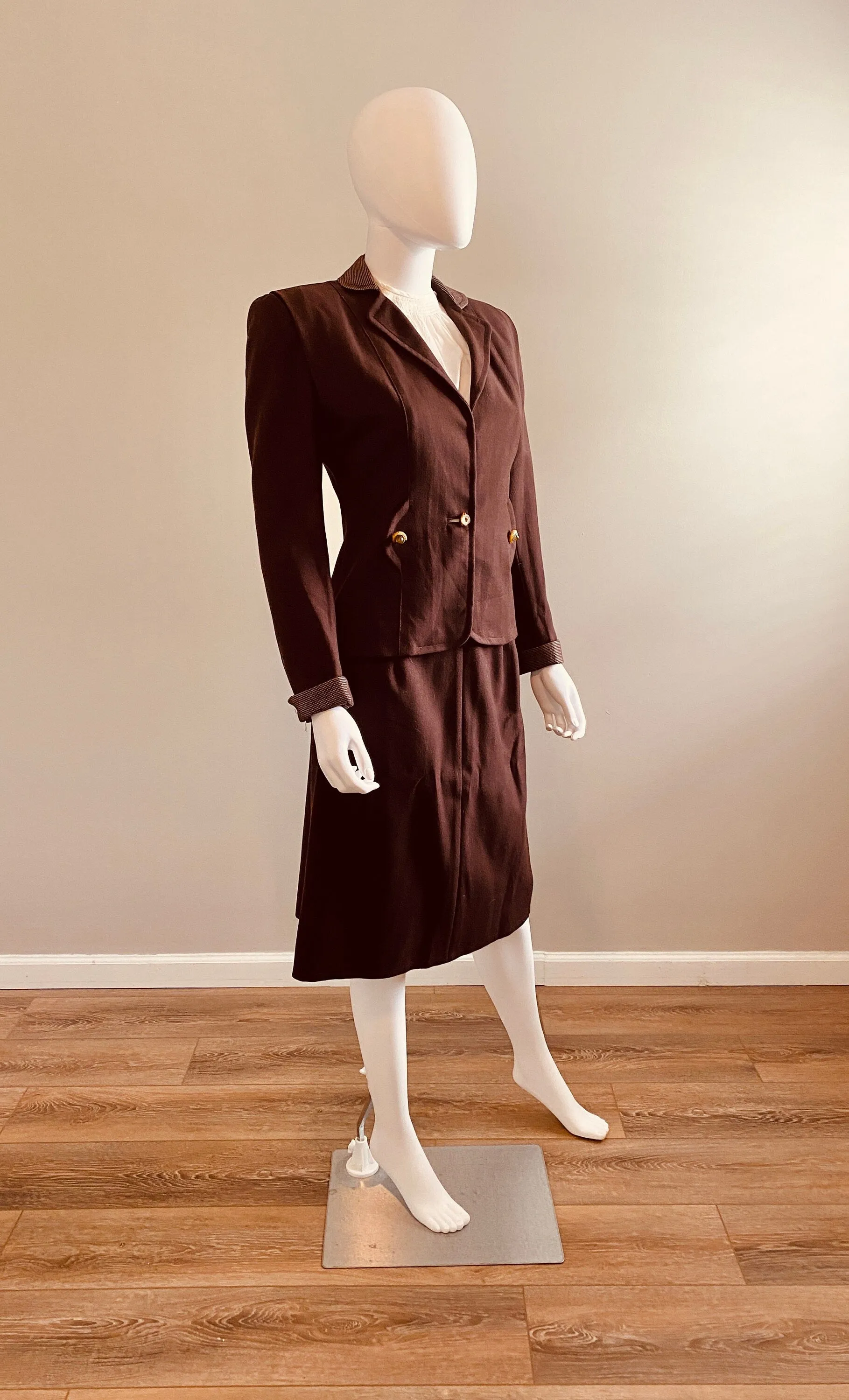 Vintage Late 1930s Brown Wool Gaberdine Skirt Suit / 30s Suit / Size S