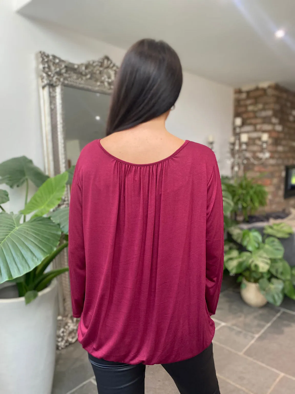 Wine Ruched Basic Top Angel