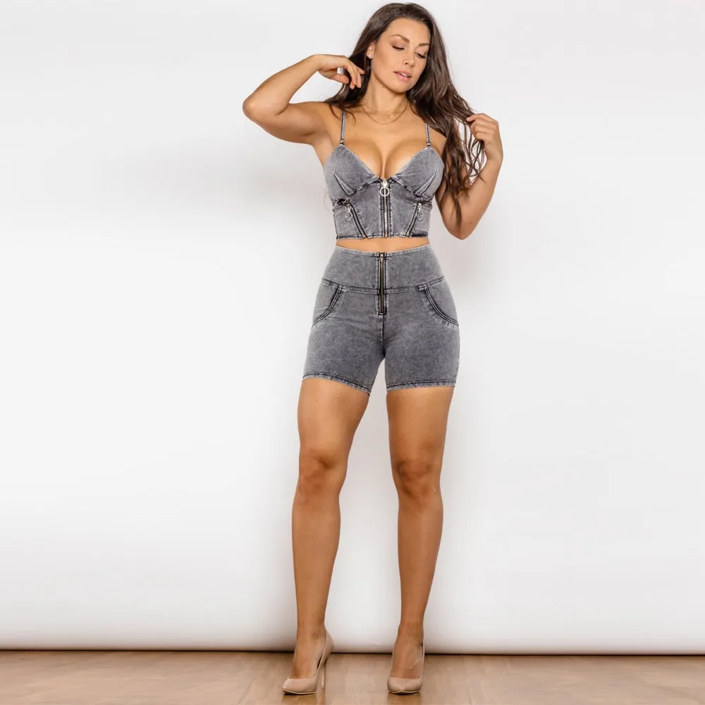 Women's Gray Jeans Zipper Crop Top High Waist Shorts Sports Shapers Set