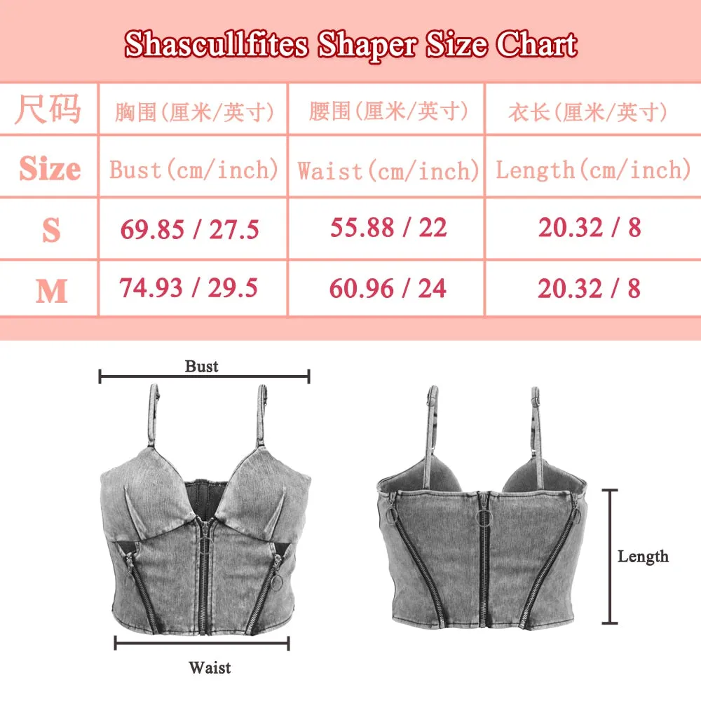 Women's Gray Jeans Zipper Crop Top High Waist Shorts Sports Shapers Set