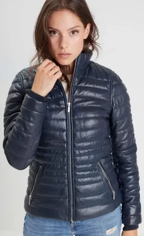 Women's navy leather down jacket 102034