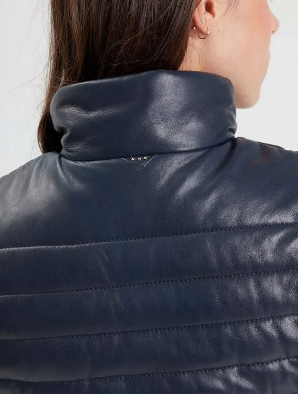 Women's navy leather down jacket 102034