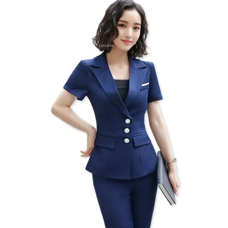 Women's Summer Fashion V-neck Formal Uniform Style Pantsuit 2 Pieces Set