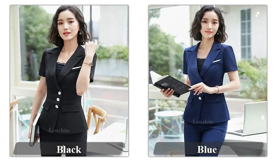 Women's Summer Fashion V-neck Formal Uniform Style Pantsuit 2 Pieces Set