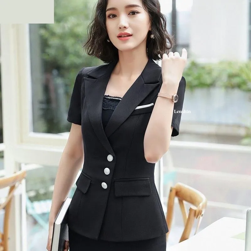 Women's Summer Fashion V-neck Formal Uniform Style Pantsuit 2 Pieces Set