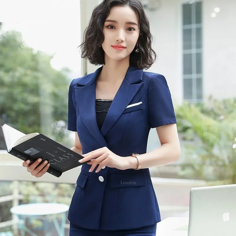 Women's Summer Fashion V-neck Formal Uniform Style Pantsuit 2 Pieces Set