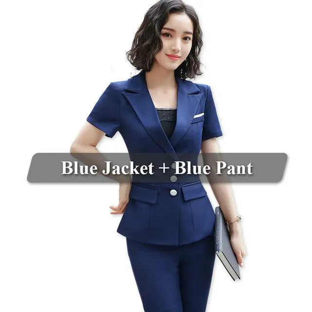 Women's Summer Fashion V-neck Formal Uniform Style Pantsuit 2 Pieces Set