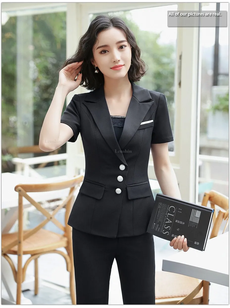 Women's Summer Fashion V-neck Formal Uniform Style Pantsuit 2 Pieces Set