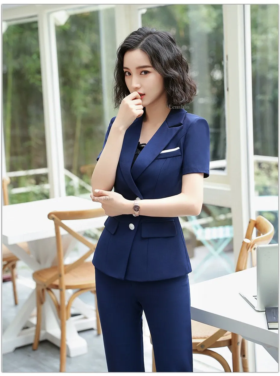 Women's Summer Fashion V-neck Formal Uniform Style Pantsuit 2 Pieces Set