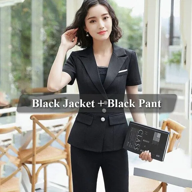 Women's Summer Fashion V-neck Formal Uniform Style Pantsuit 2 Pieces Set