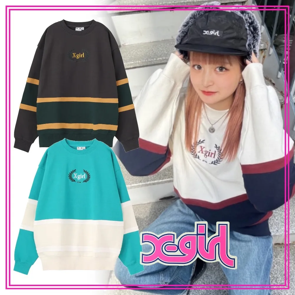 X-girl  |Crew Neck Sweat Street Style Long Sleeves Plain Logo