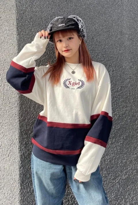 X-girl  |Crew Neck Sweat Street Style Long Sleeves Plain Logo