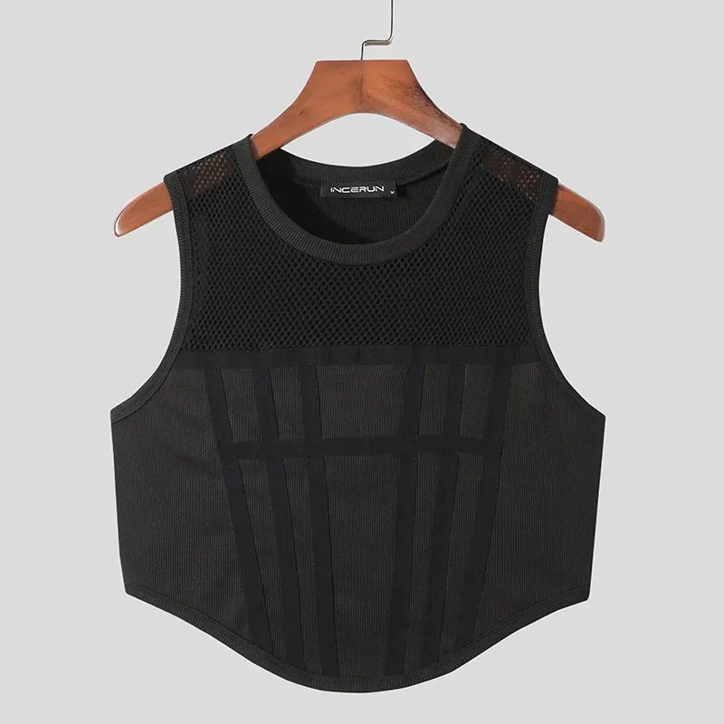 Xituodai Men Tank Tops Mesh Patchwork 2023 Round Neck Sleeveless See Through Sexy Vests Streetwear Party Nightclub Men Crop Tops