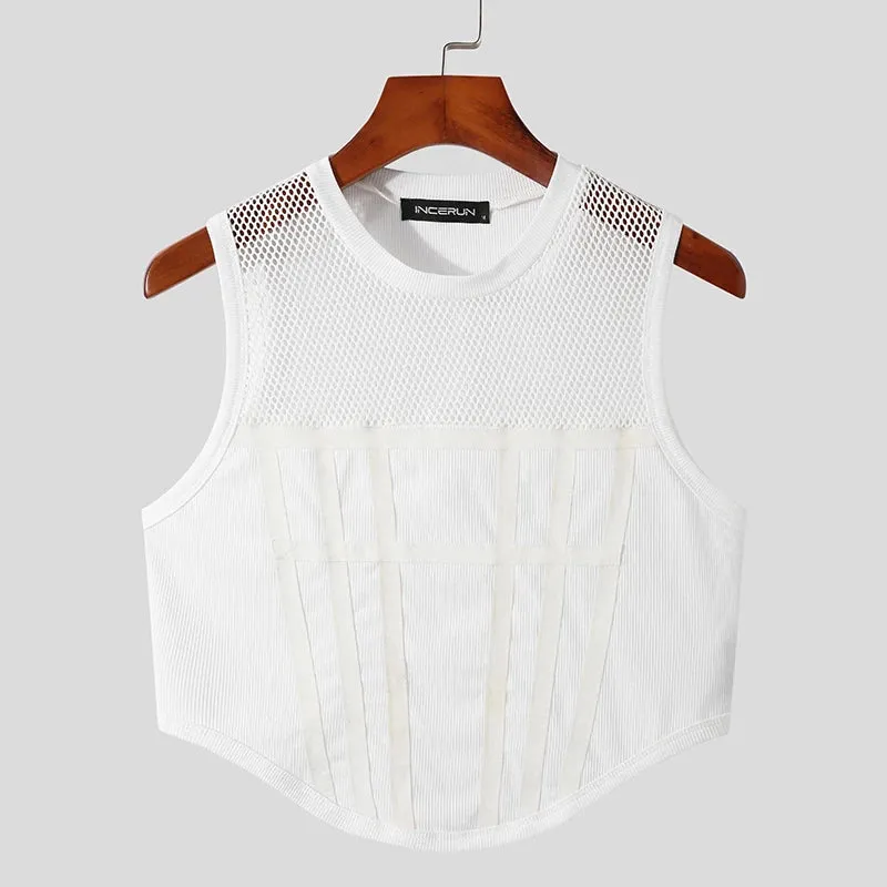 Xituodai Men Tank Tops Mesh Patchwork 2023 Round Neck Sleeveless See Through Sexy Vests Streetwear Party Nightclub Men Crop Tops