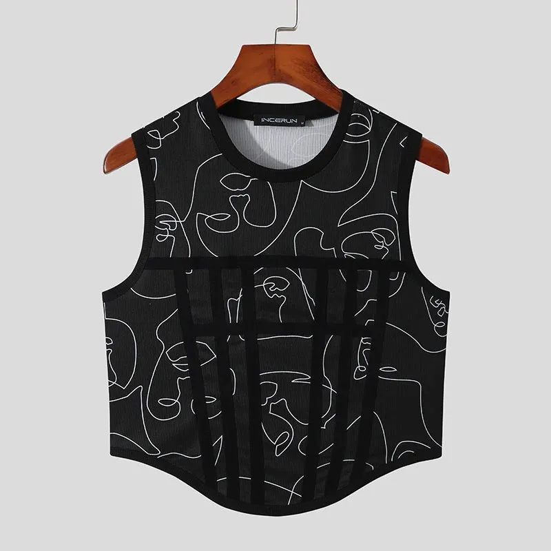 Xituodai Men Tank Tops Mesh Patchwork 2023 Round Neck Sleeveless See Through Sexy Vests Streetwear Party Nightclub Men Crop Tops