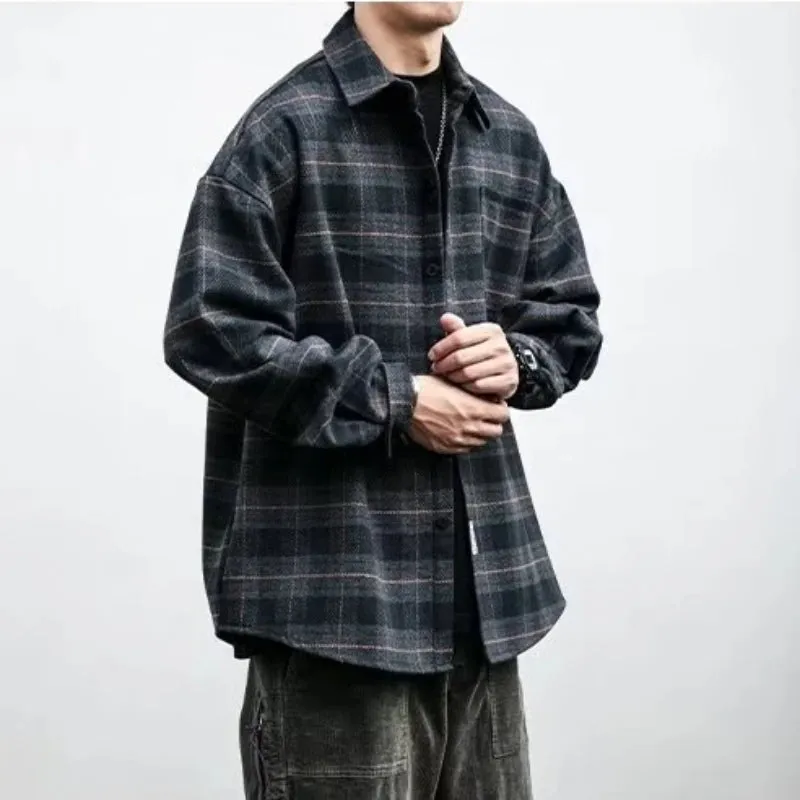 Xituodai Shirts for Men Chic Long Sleeve Casual Spring Autumn Daily Streetwear All-match Japanese Style Plaid Retro Fashion Oute